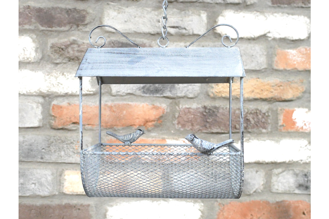 Traditional Victorian Style Hanging Long Iron Bird Feeder with Patina Detail for Garden