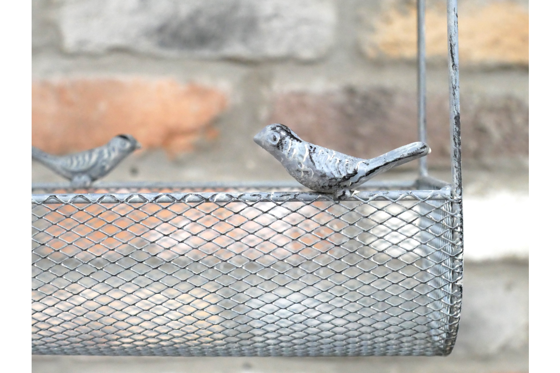 Traditional Victorian Style Hanging Long Iron Bird Feeder with Patina Detail for Garden