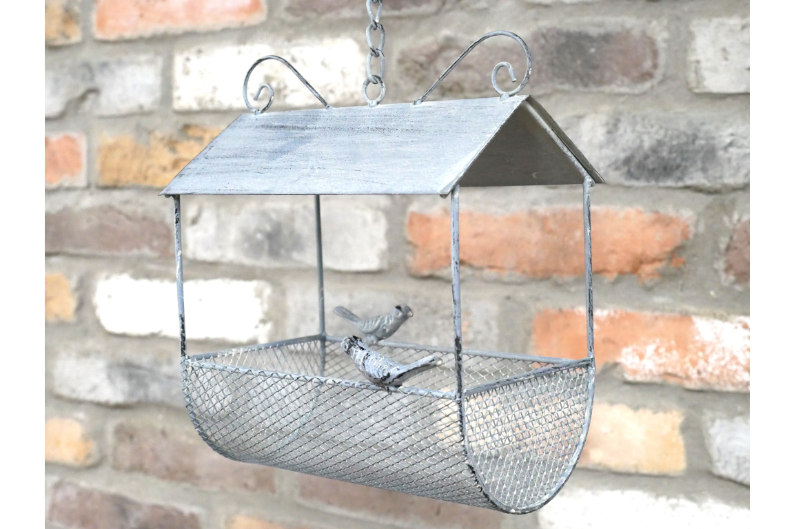 Traditional Victorian Style Hanging Long Iron Bird Feeder with Patina Detail for Garden