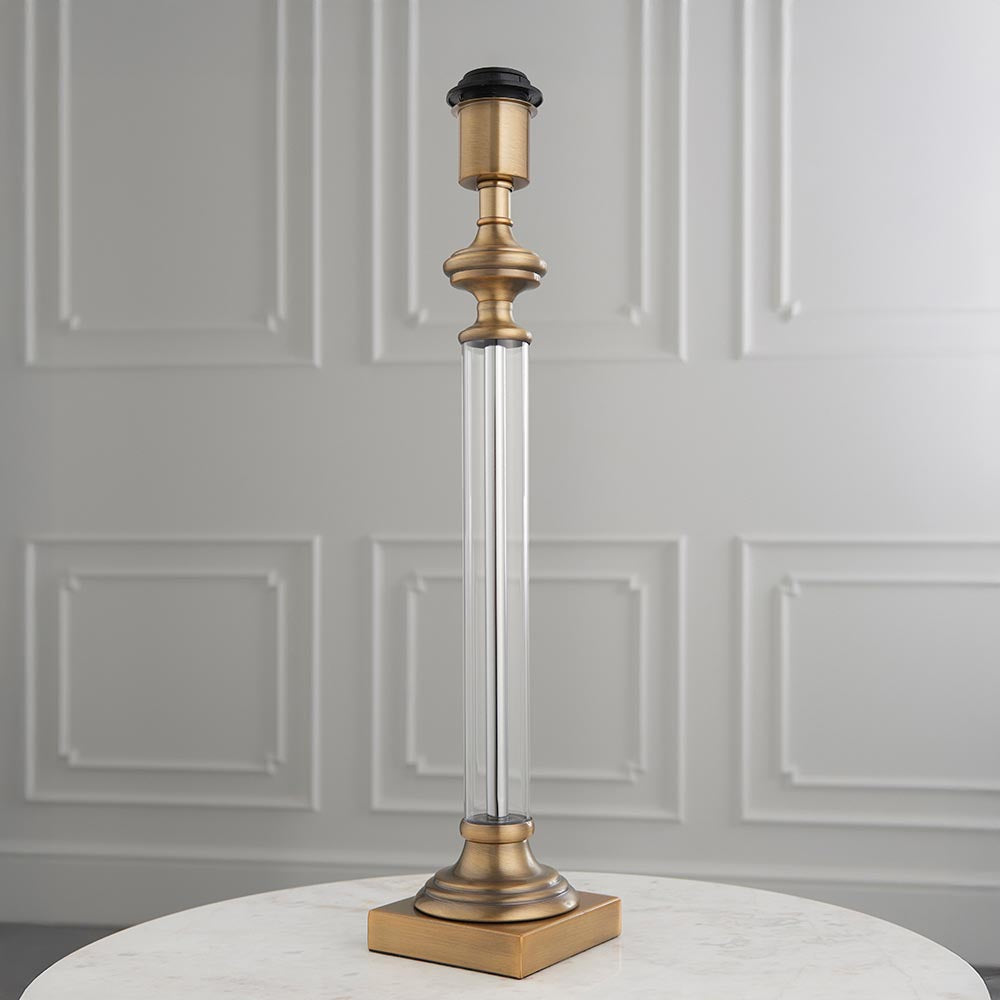 Avebury Antique Table Lamp with Acrylic Column Stem and Metal Detailing, 1x E27.