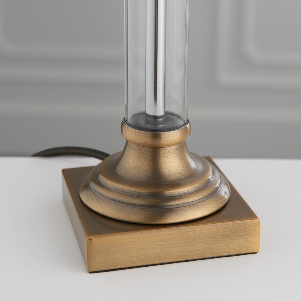 Avebury Antique Table Lamp with Acrylic Column Stem and Metal Detailing, 1x E27.