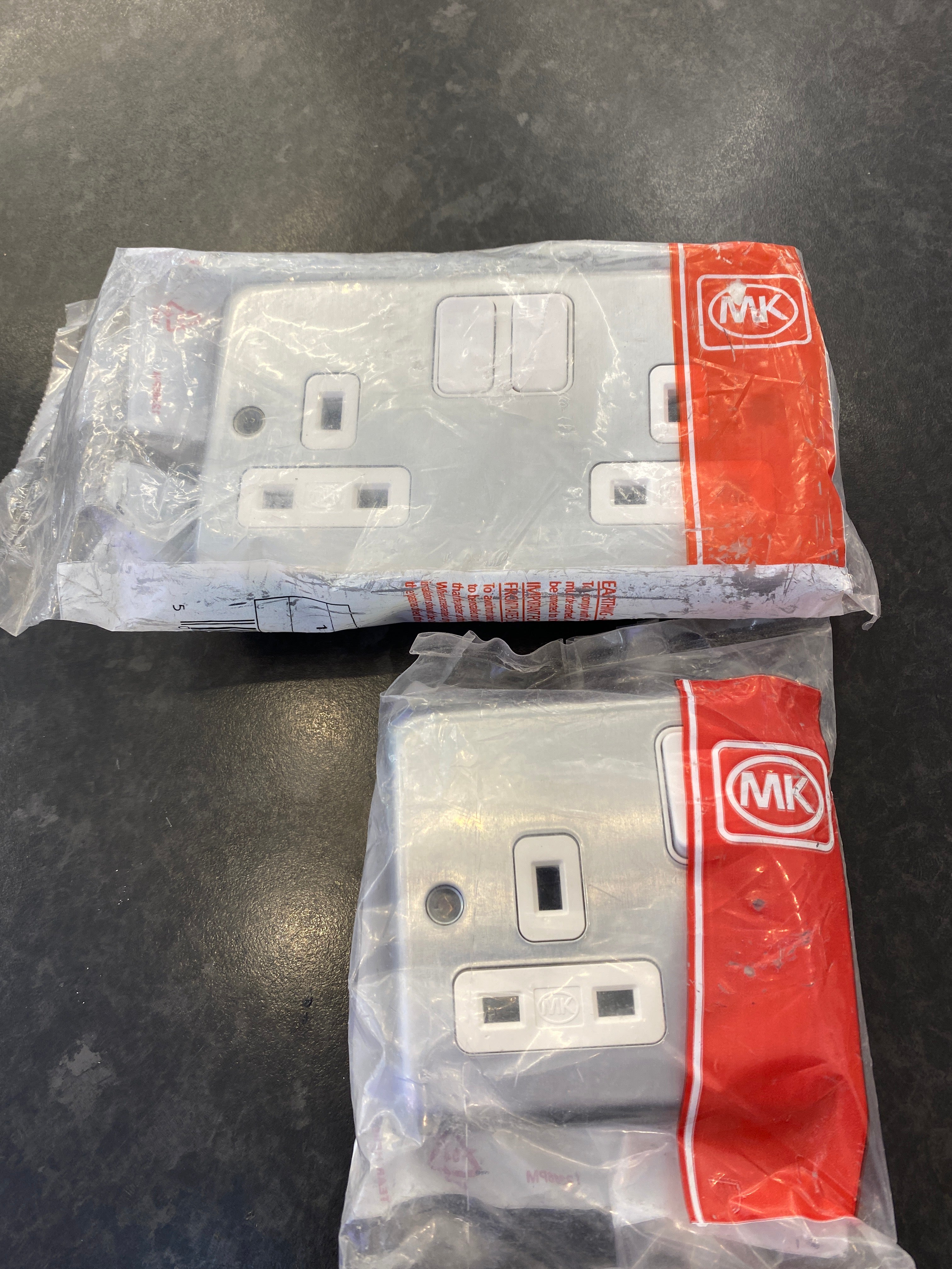 MK Brushed Steel Rounded with white insert, Double and Single Sockets