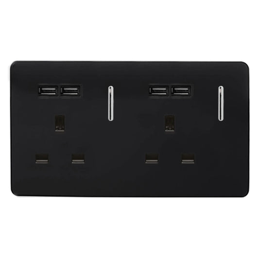 Trendi, Artistic Modern 2 Gang 13Amp Switched Double Socket With 4X 2.1Mah USB , BRITISH MADE, (45mm Back Box Required, ART-SKT213USB)