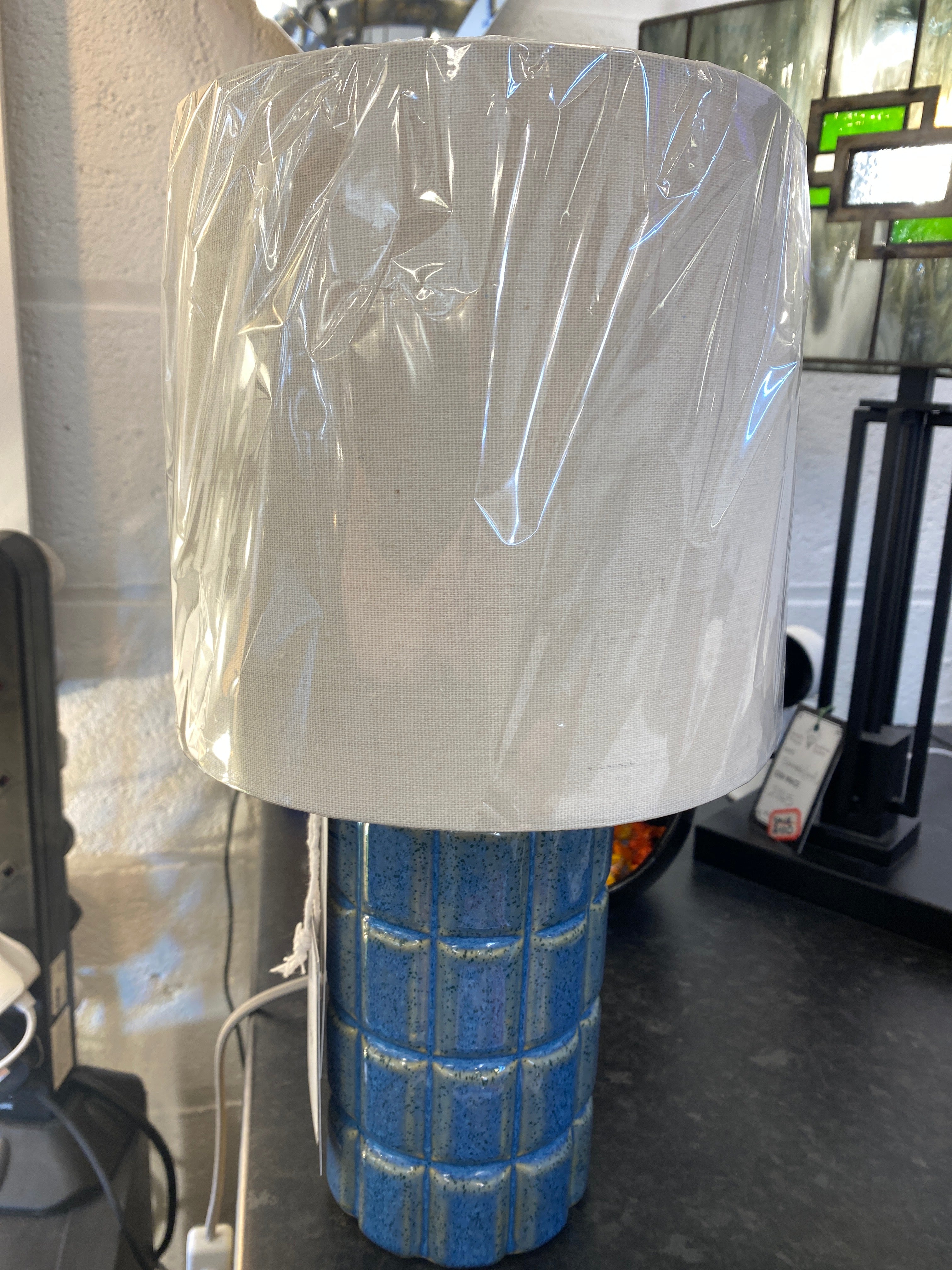 Blue Glazed Ceramic Table Lamp with Matching Linen Shade, 1 x E14