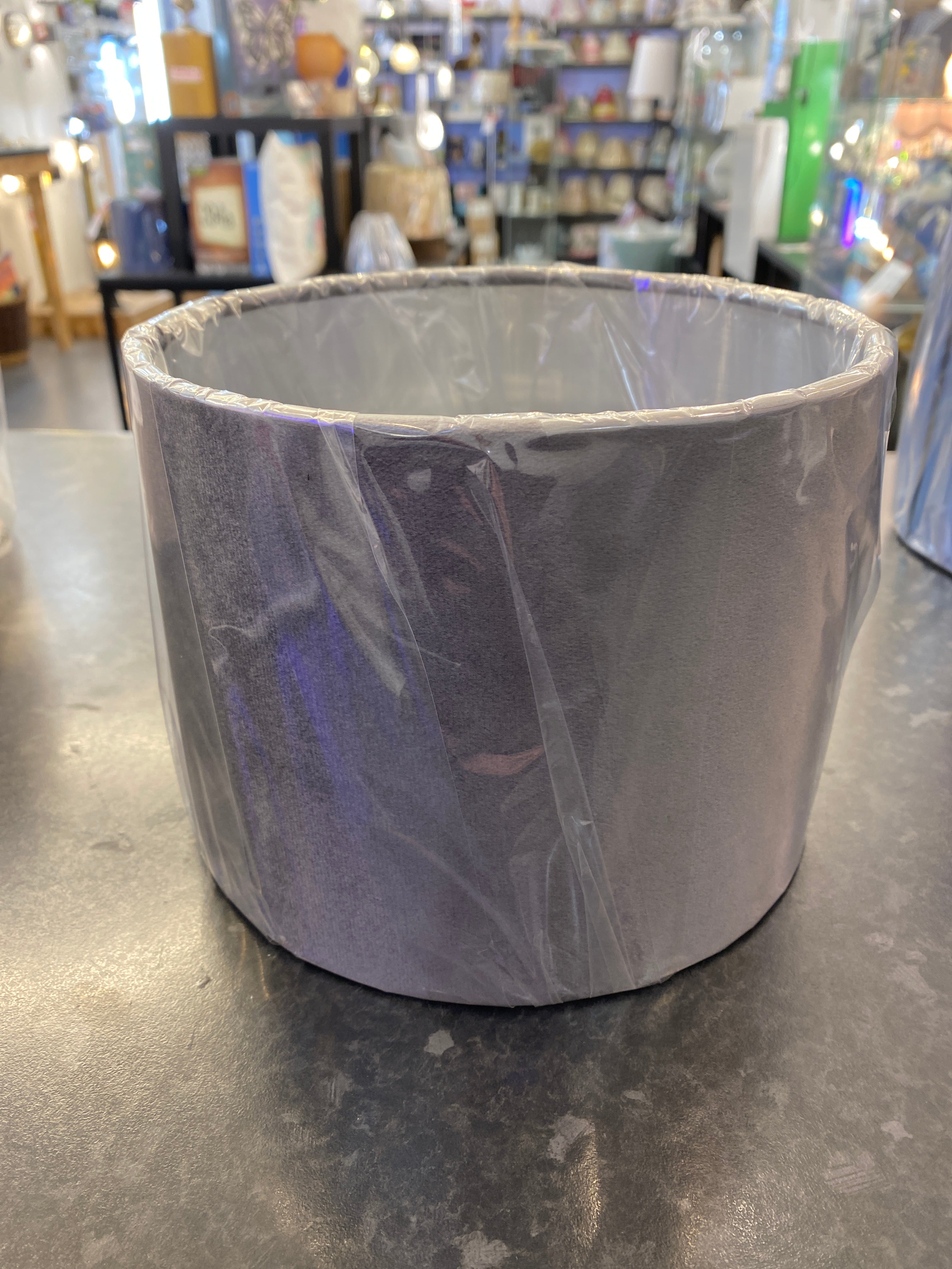 STOCK CLEARANCE - Grey Velvet Drum Shade with Silver inner 18cm