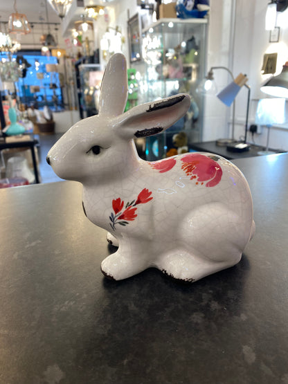 White Glazed Bunny Rabbit with painted flowers