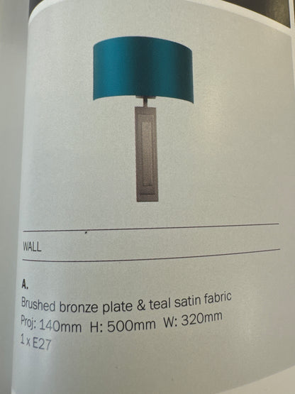 EX DISPLAY Adler Wall Light E27 Bronze with Teal Satin Shade