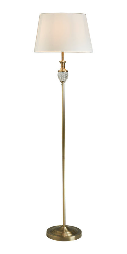 Balloch Antique Brass Floor Lamp with Cut Glass Decorative Stem and White Cotton Shade, 1xE27   (Oaks FL7516 AB)