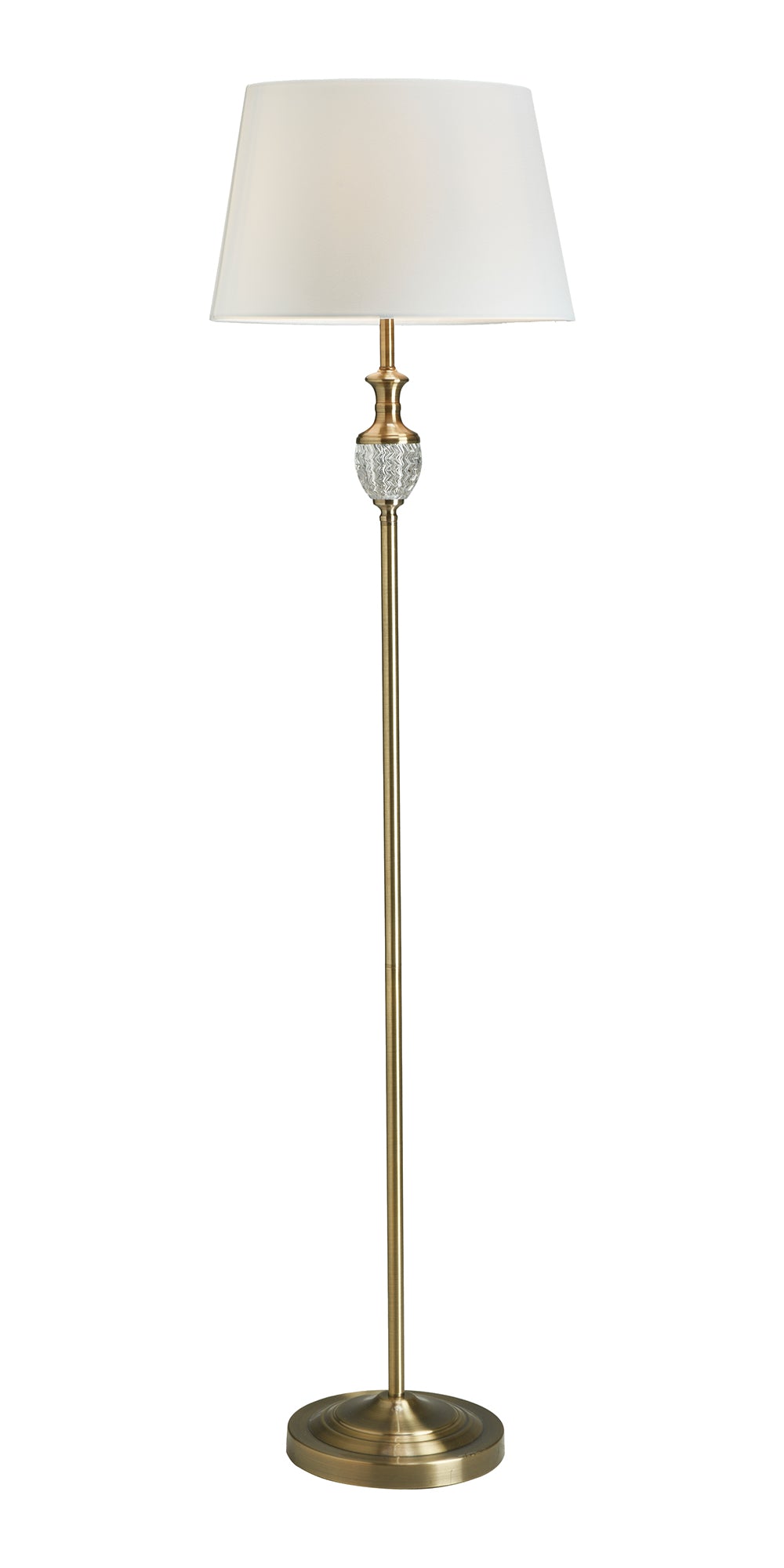 Balloch Antique Brass Floor Lamp with Cut Glass Decorative Stem and White Cotton Shade, 1xE27   (Oaks FL7516 AB)