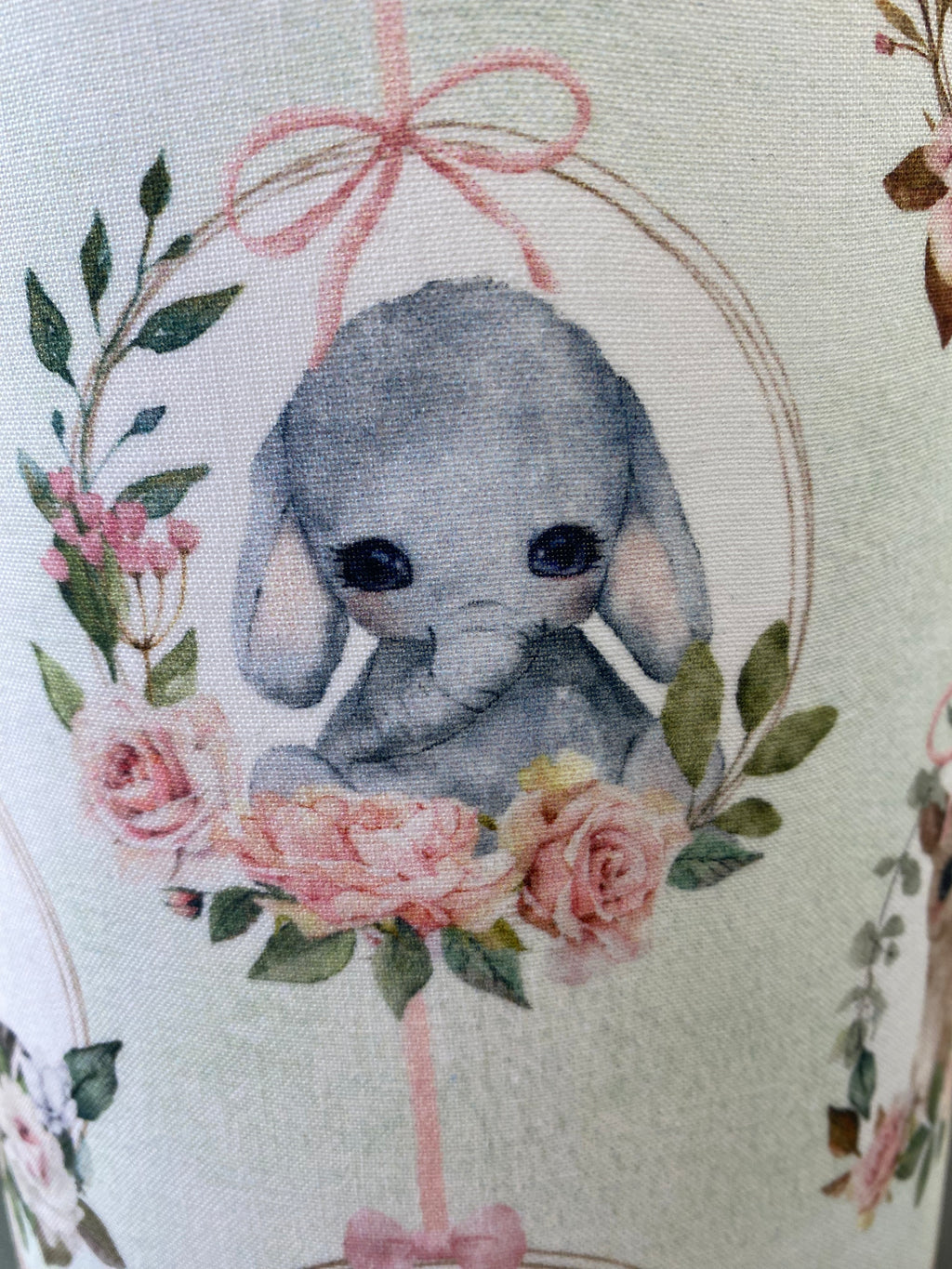 close up of Luminosity Designs - Hand Crafted Drum Ceiling Nursery Lampshade - Sage Animals