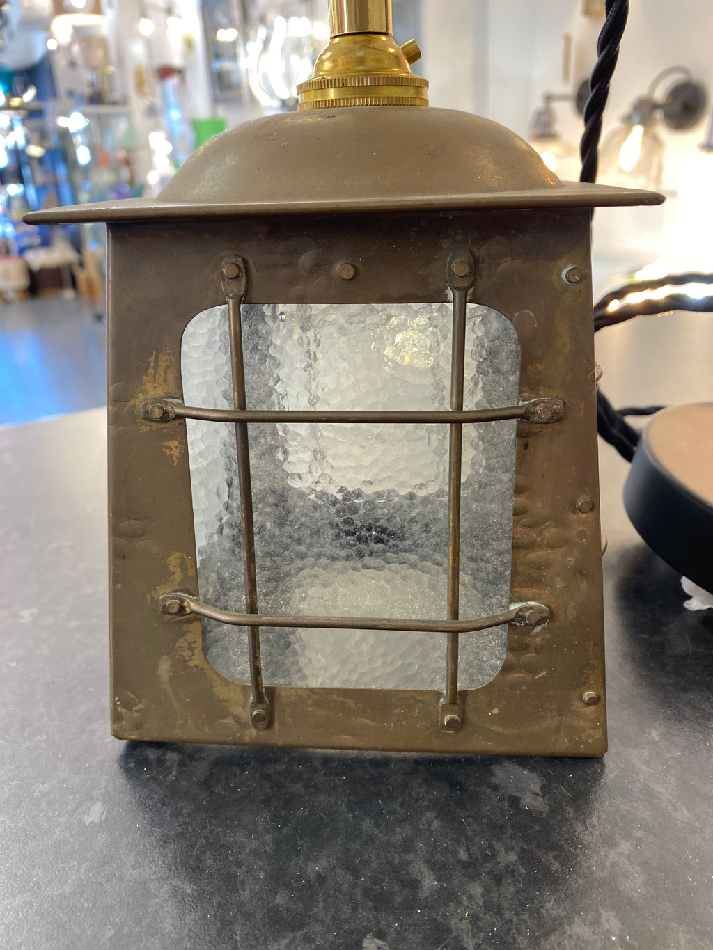 Restored Victorian Mini Ceiling Lantern in Brass and Black with Dimpled Glass