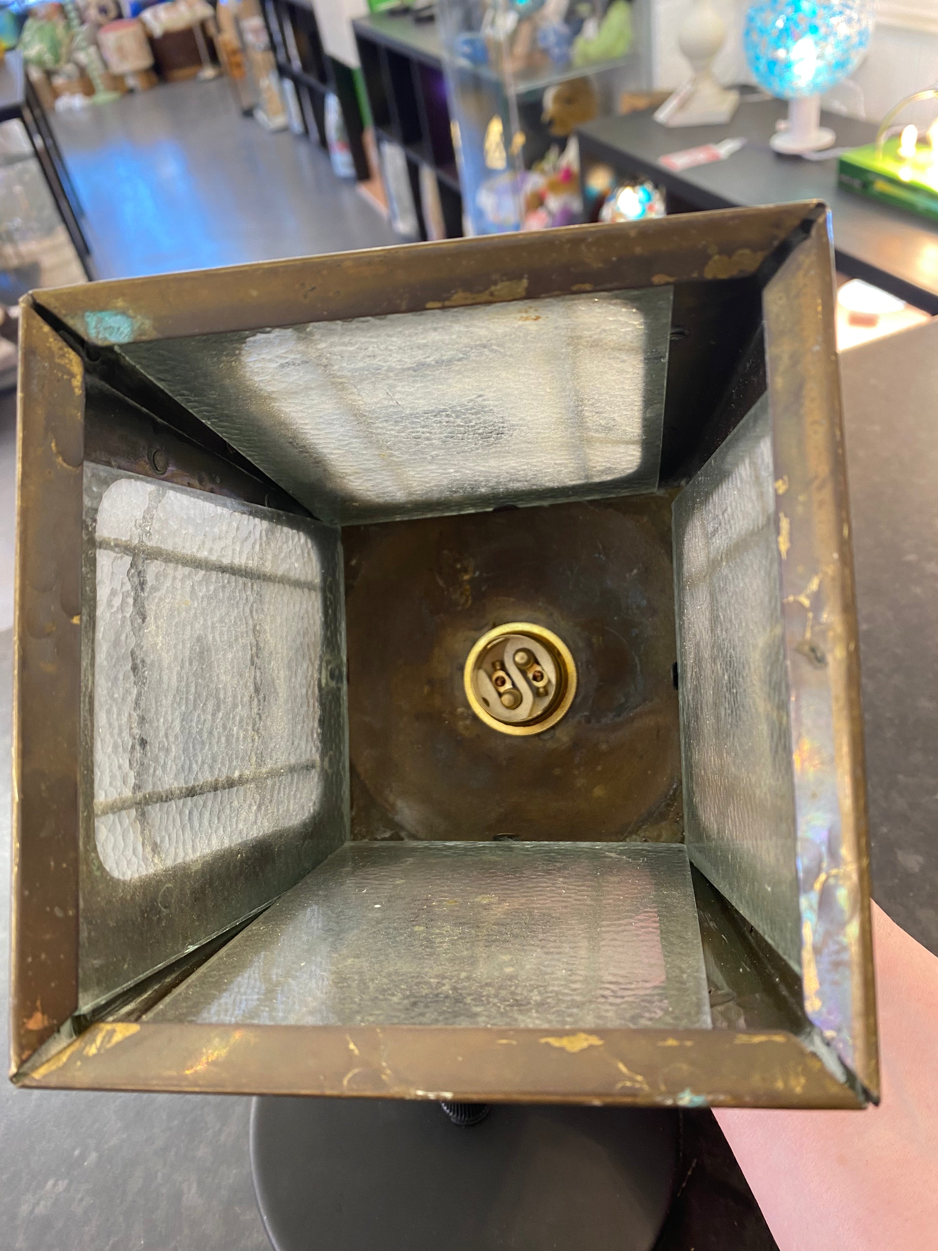 Restored Victorian Mini Ceiling Lantern in Brass and Black with Dimpled Glass