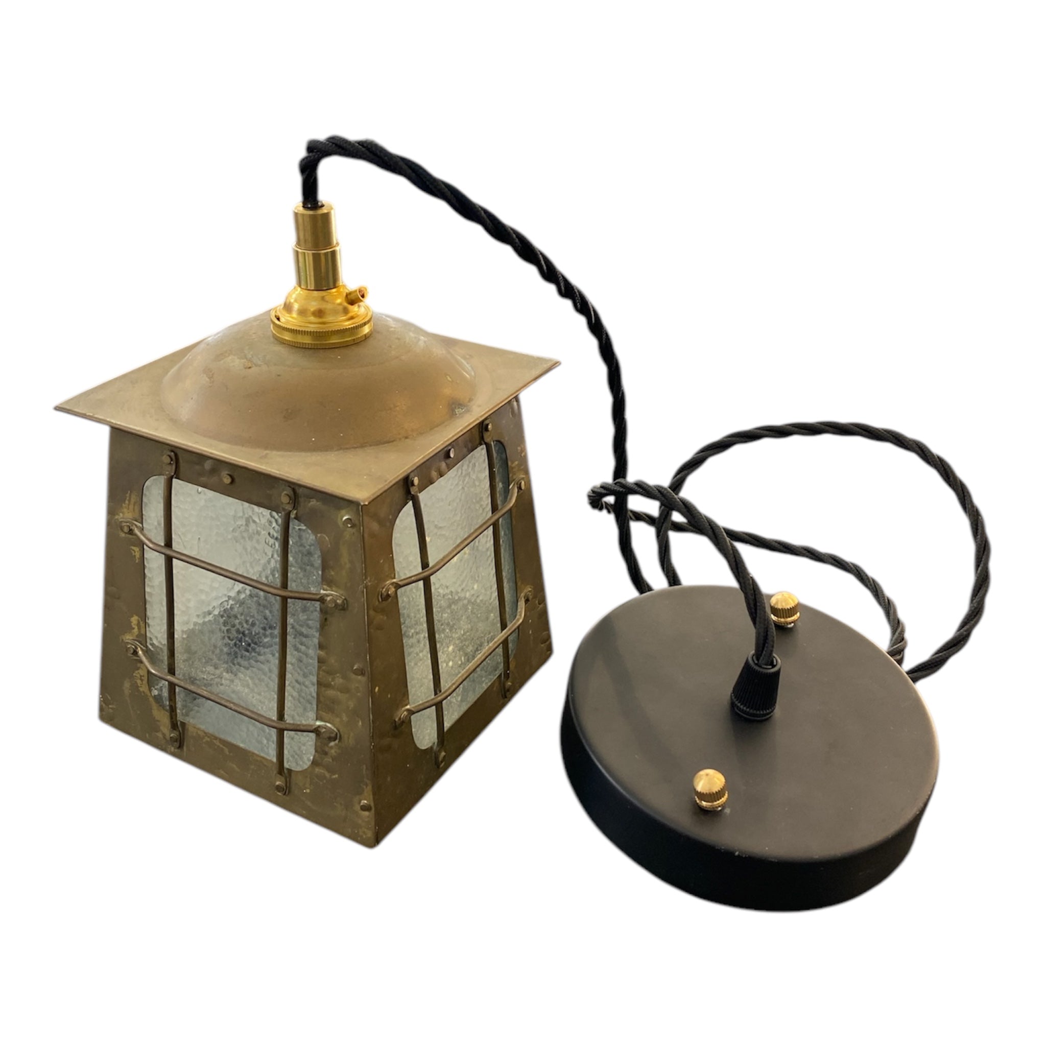 Restored Victorian Mini Ceiling Lantern in Brass and Black with Dimpled Glass