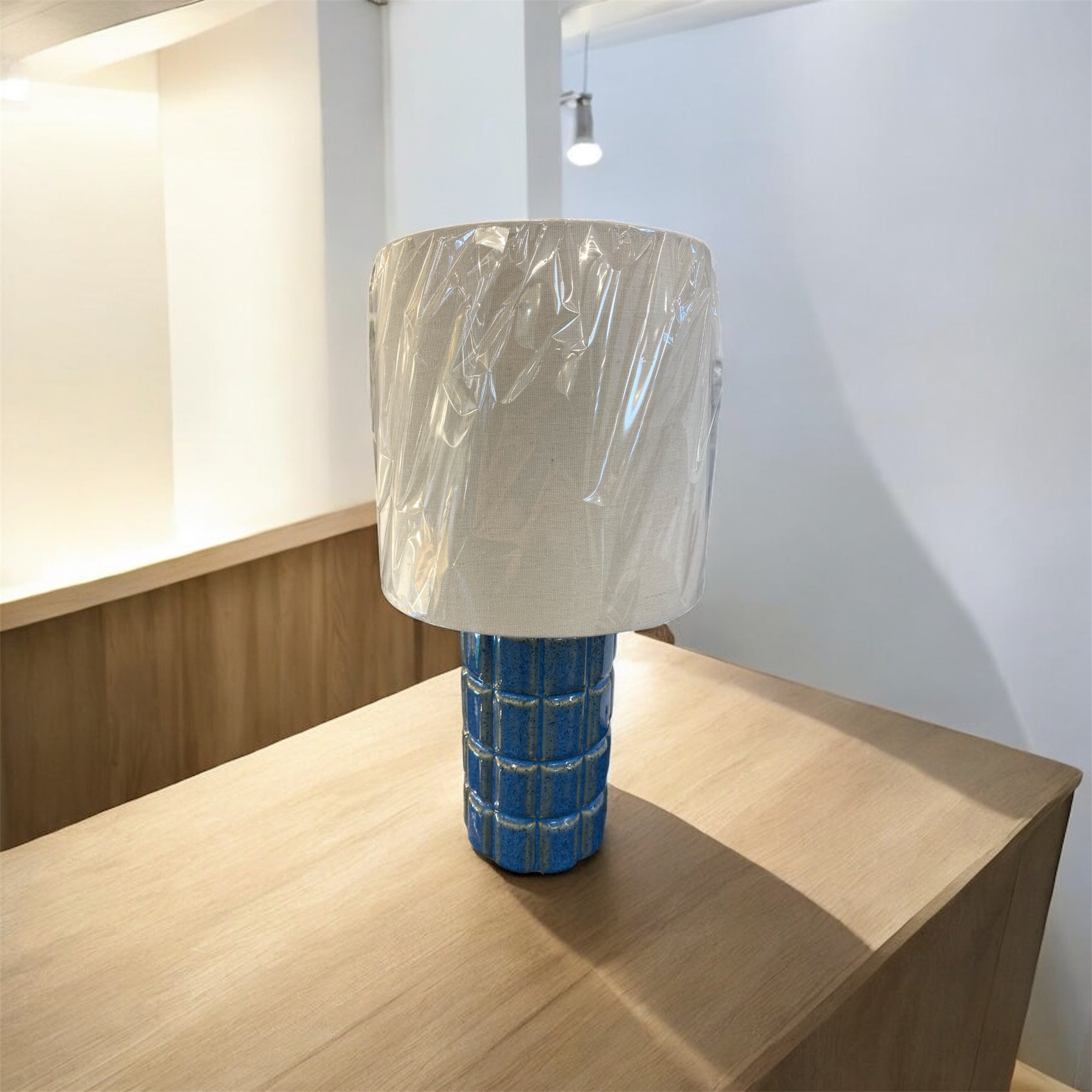 Blue Glazed Ceramic Table Lamp with Matching Linen Shade, 1 x E14