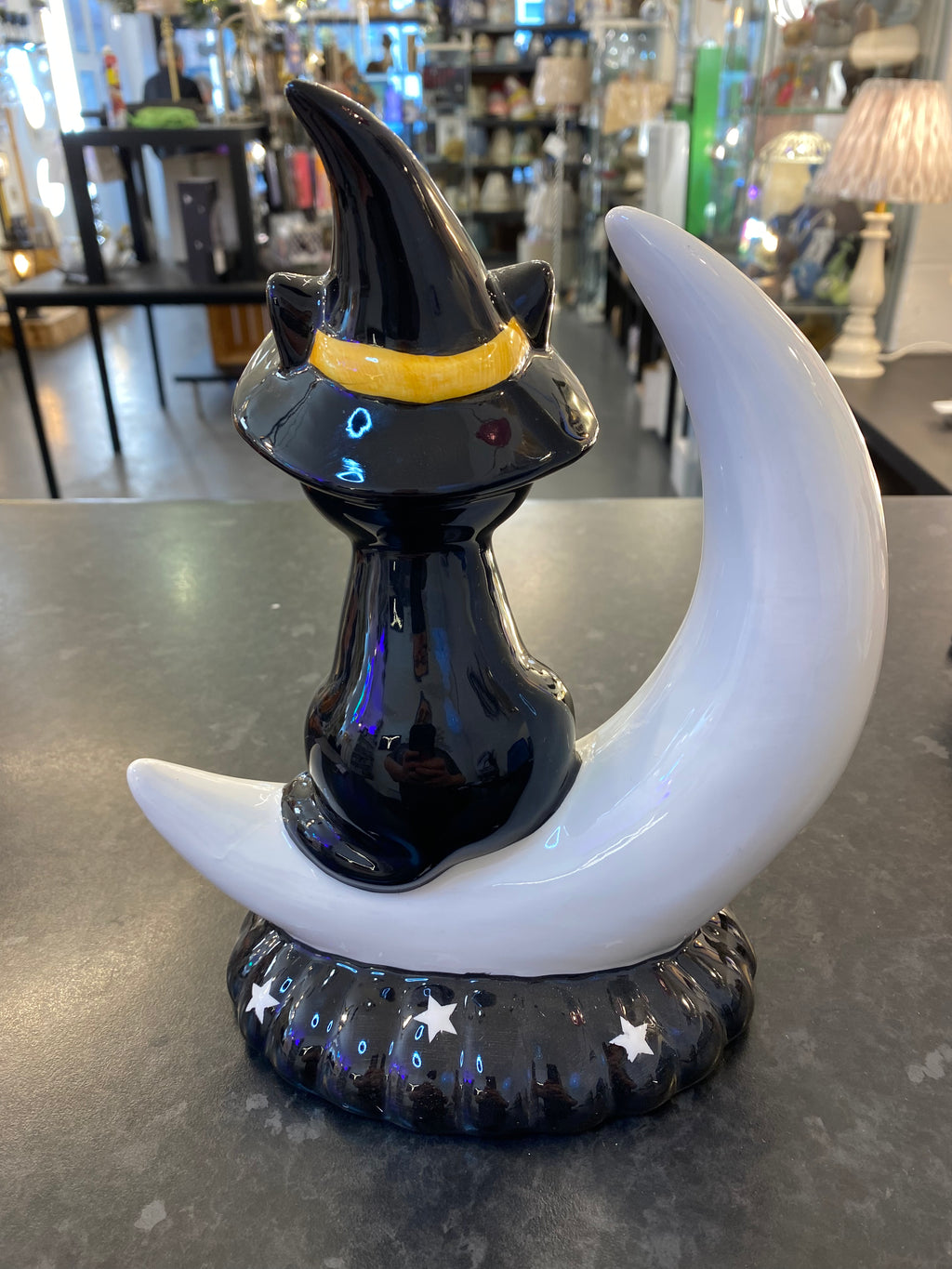 Halloween Cat on Moon Ceramic Figure