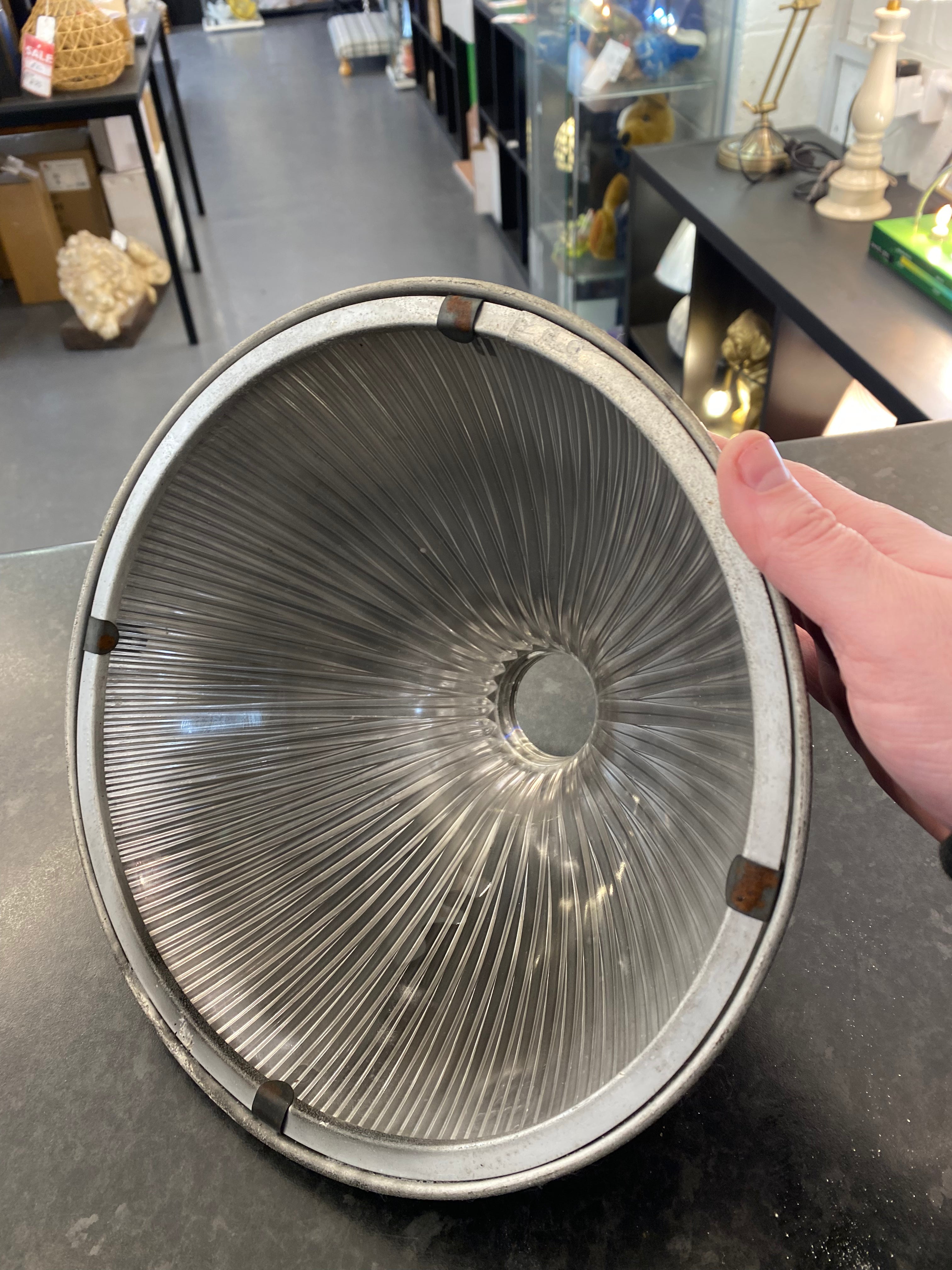 Original 1940’s Tin and Hollophane Glass Industrial style shade