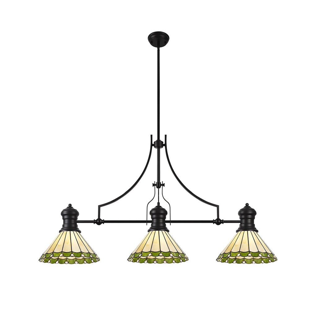 Three-light chandelier with stained glass shades on a white background