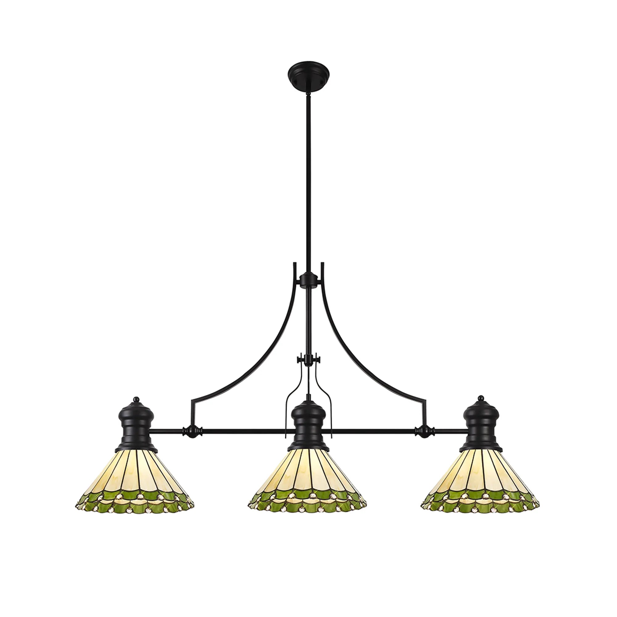 Three-light chandelier with stained glass shades on a white background
