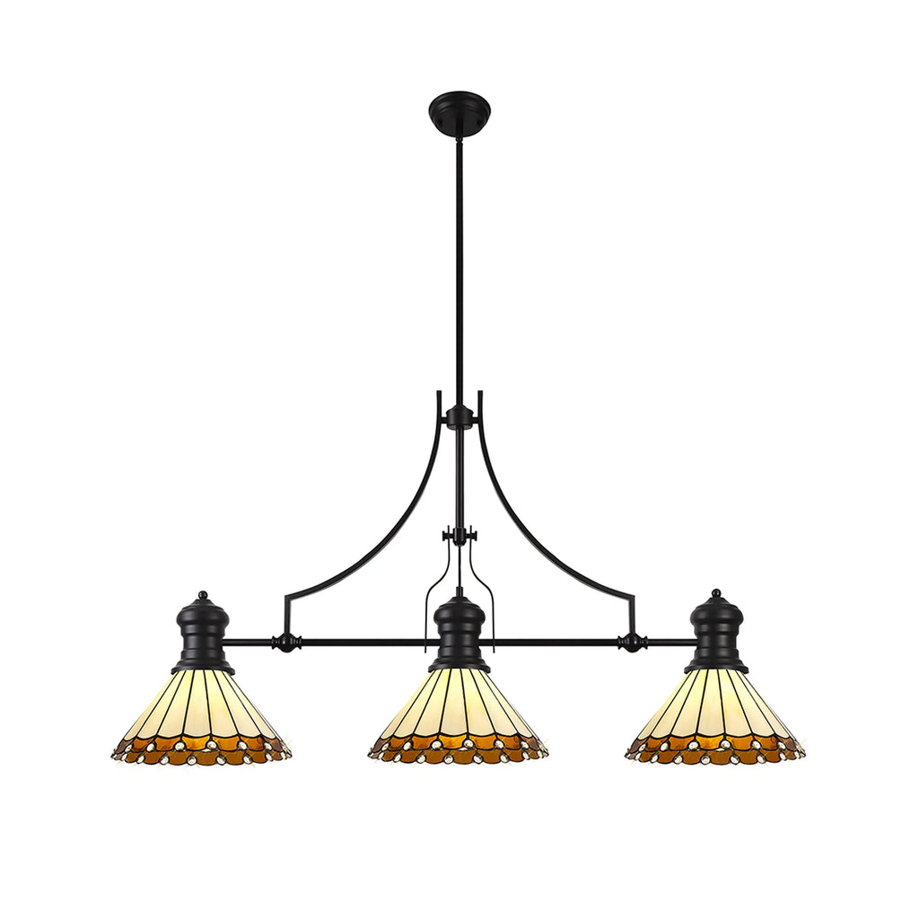 Three-light chandelier with stained glass shades on a white background