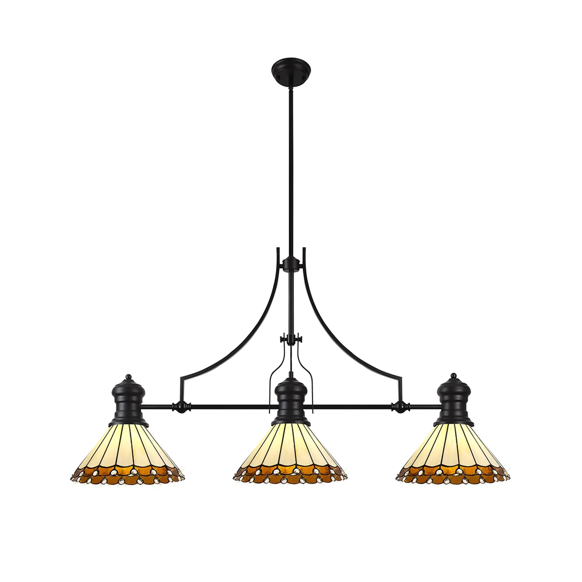 Three-light chandelier with stained glass shades on a white background