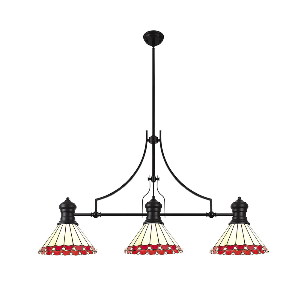 Three-light chandelier with stained glass shades on a white background