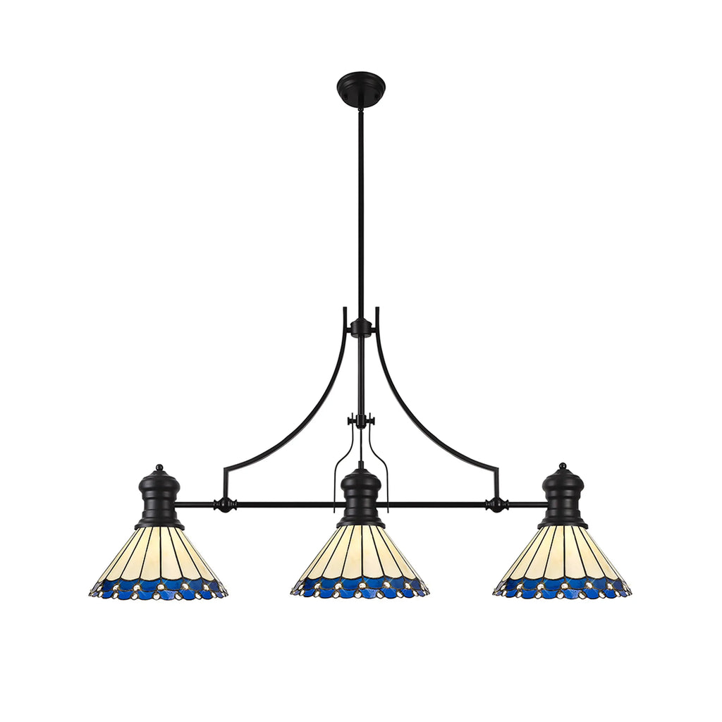 Three-light chandelier with stained glass shades on a white background