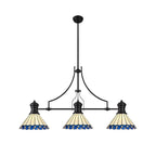 Three-light chandelier with stained glass shades on a white background