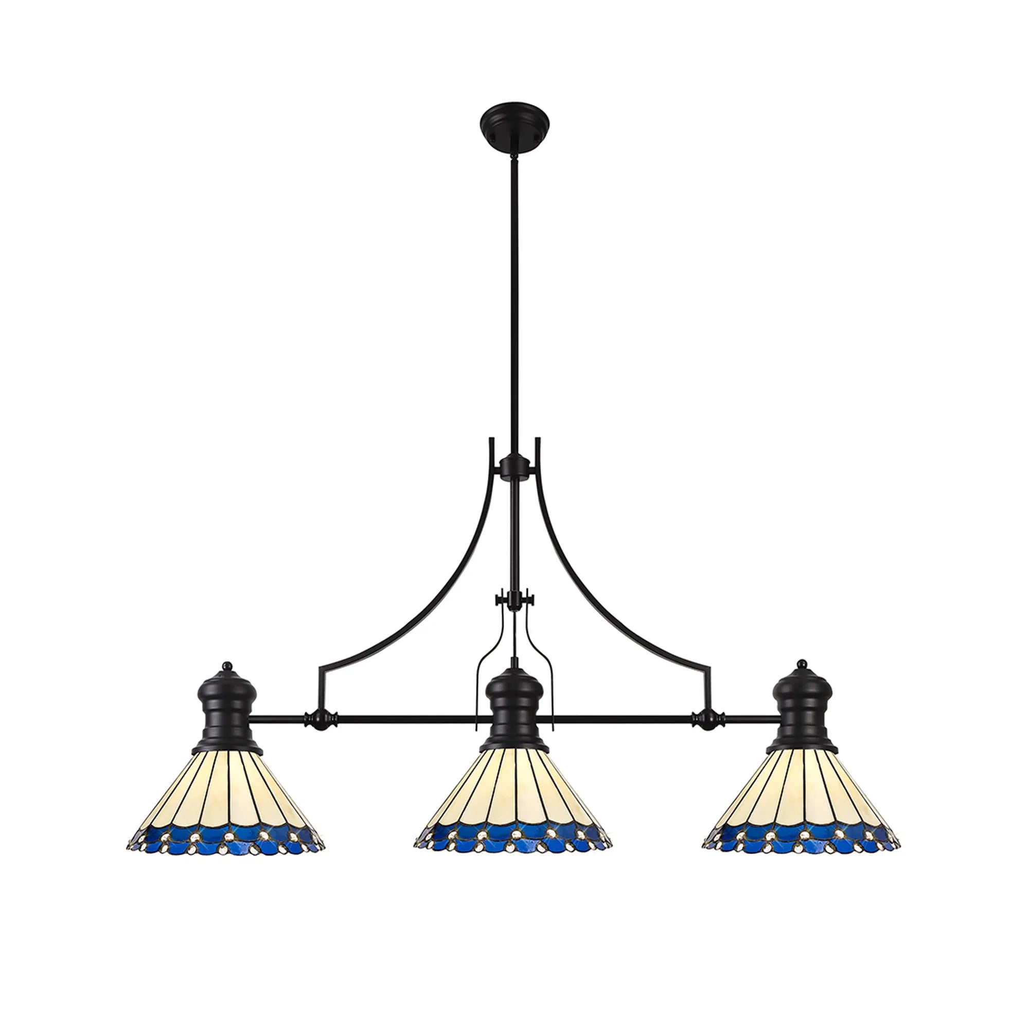 Three-light chandelier with stained glass shades on a white background