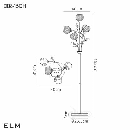 Elm Floor Lamp With Leaf Styled Stems and Ridged Style Clear Glass Shades