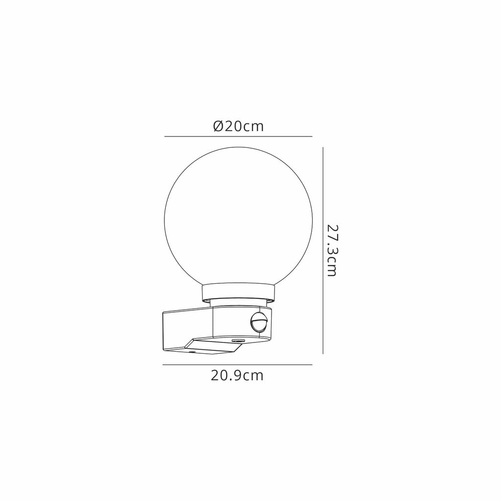 Milo Globe Wall Lamp With PIR Sensor, 1 x E27, IP54, Polycarbonate Construction, Corrosion Resistant