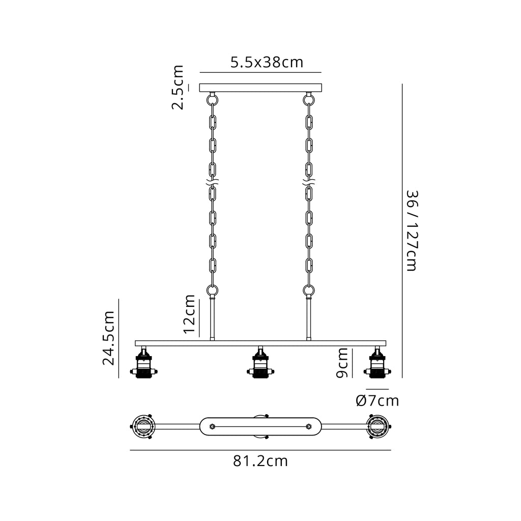 Dreifa Curved Linear Pendant (FRAME ONLY), 3 x E27 (Not inc Shades)