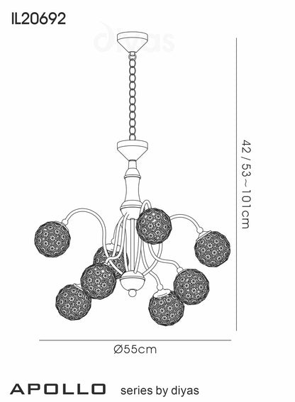 Apollo Pendant 8 Light Satin Brass with Crystal Buttons  (Diyas IL20692)