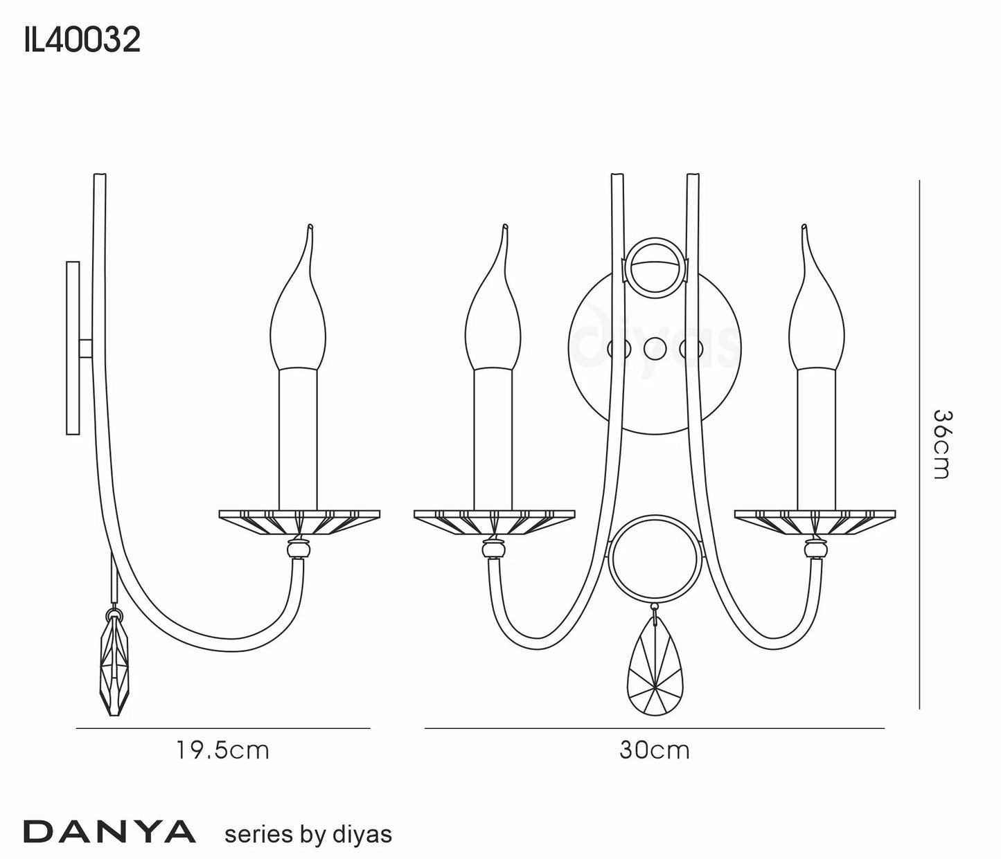 Danya Wall Lamp, 2 Light E14, Polished Chrome/Crystal (Diyas IL40032)