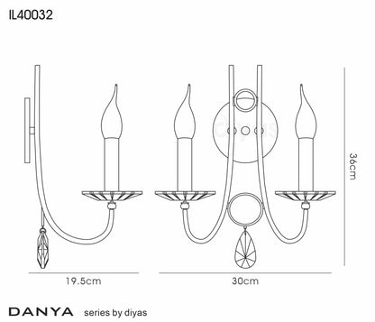 Danya Wall Lamp, 2 Light E14, Polished Chrome/Crystal (Diyas IL40032)