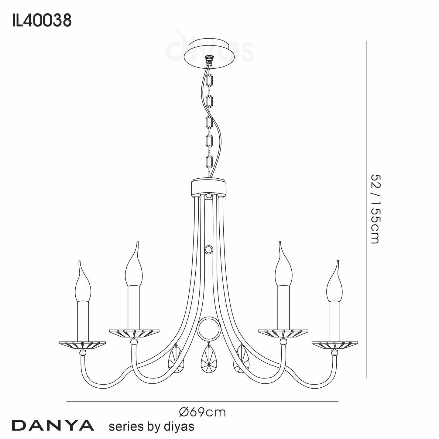 Danya Chandelier Pendant,  8 Light E14, Polished Chrome/Crystal (Diyas IL40038)