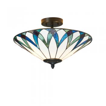 Allenton Tiffany Glass Semi Flush Ceiling Light in Ivory and Blues with Bronze Trim. 2x ES GLS Bulbs   (Oaks OT 8413/18R)