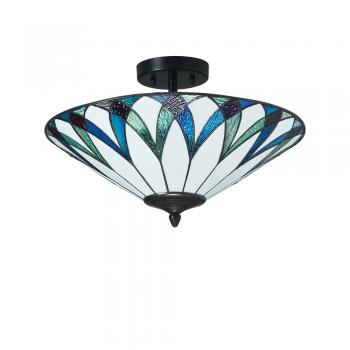 Allenton Tiffany Glass Semi Flush Ceiling Light in Ivory and Blues with Bronze Trim. 2x ES GLS Bulbs   (Oaks OT 8413/18R)