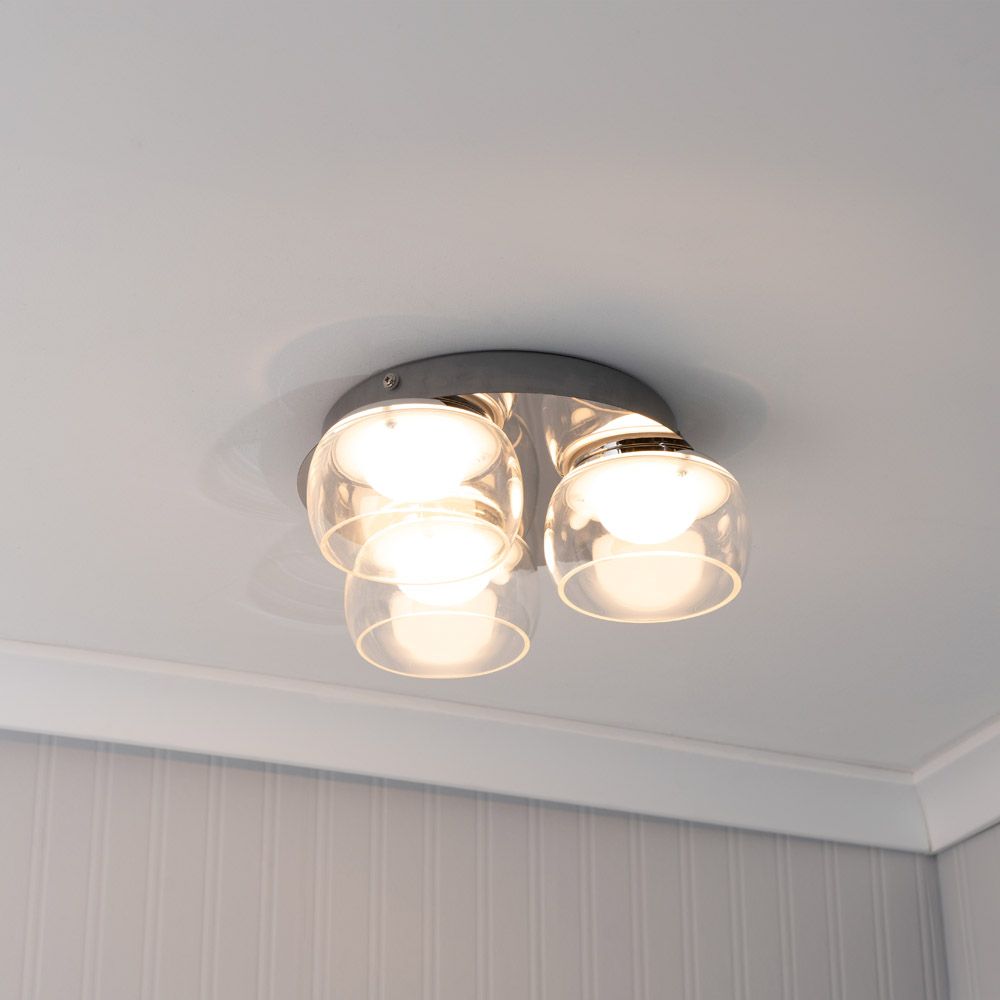 lse - Alissa IP44 Bathroom Rated LED Round 3 Light Flush Ceiling Fitting with Glass Shades - Luminosity Designs Ltd