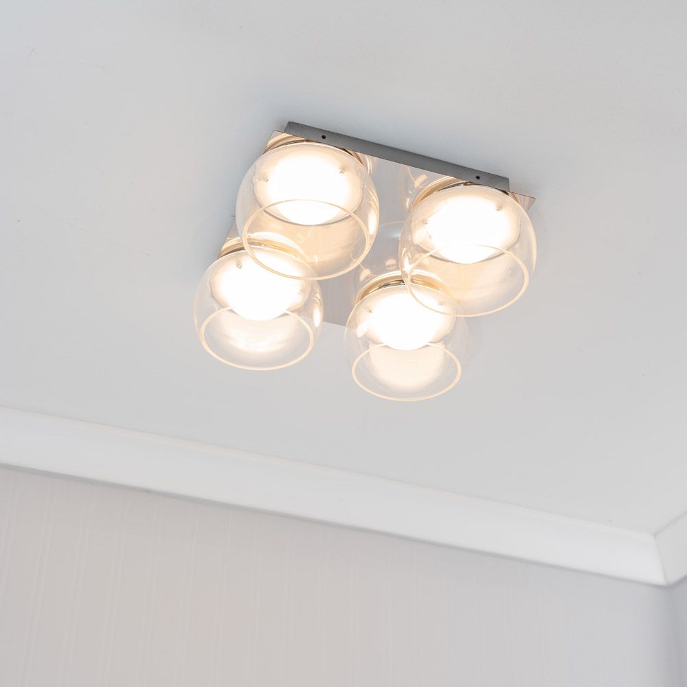 lse - Alissa IP44 Bathroom Rated LED Square 4 Light Flush Ceiling Fitting with Glass Shades - Luminosity Designs Ltd