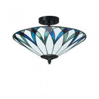 Allenton Tiffany Glass Semi Flush Ceiling Light in Ivory and Blues with Bronze Trim. (Oaks OT 8413/18R)