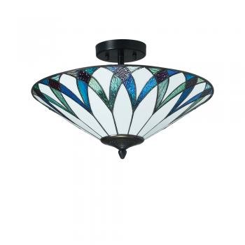 Allenton Tiffany Glass Semi Flush Ceiling Light in Ivory and Blues with Bronze Trim. (Oaks OT 8413/18R)