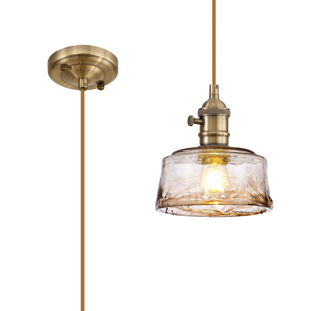 Luminosity Designs Ltd - Amber 17cm Switched Pendant 1.5m, 1 x E27, Antique Brass With Straight Braided Cable / Brown Bowl Glass - Luminosity Designs Ltd
