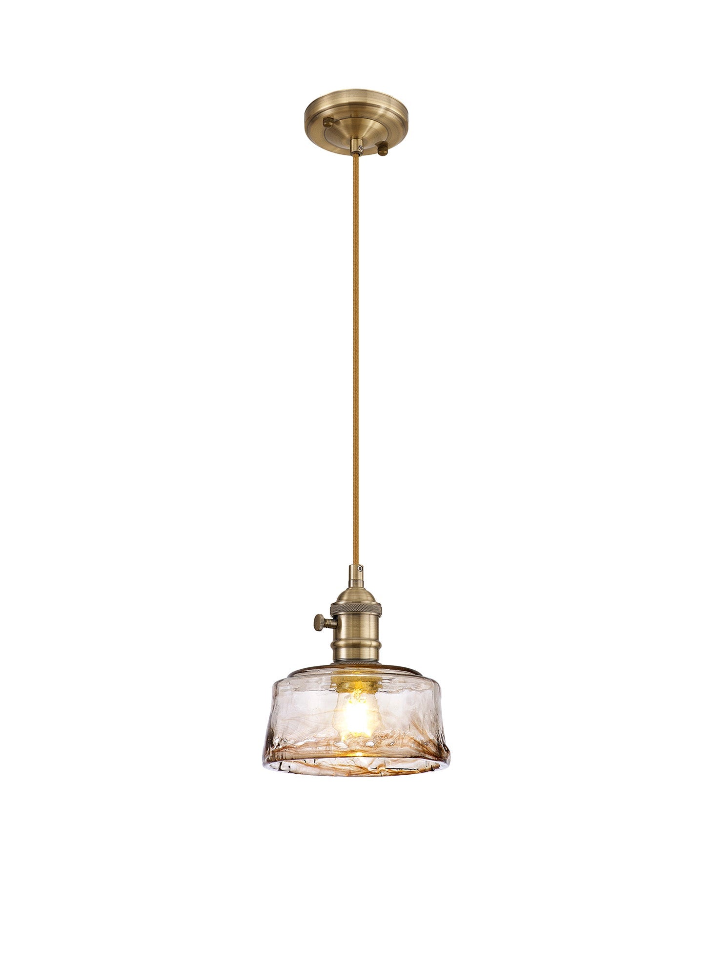 Luminosity Designs Ltd - Amber 17cm Switched Pendant 1.5m, 1 x E27, Antique Brass With Straight Braided Cable / Brown Bowl Glass - Luminosity Designs Ltd