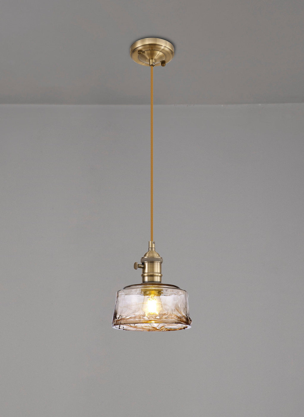 Luminosity Designs Ltd - Amber 17cm Switched Pendant 1.5m, 1 x E27, Antique Brass With Straight Braided Cable / Brown Bowl Glass - Luminosity Designs Ltd