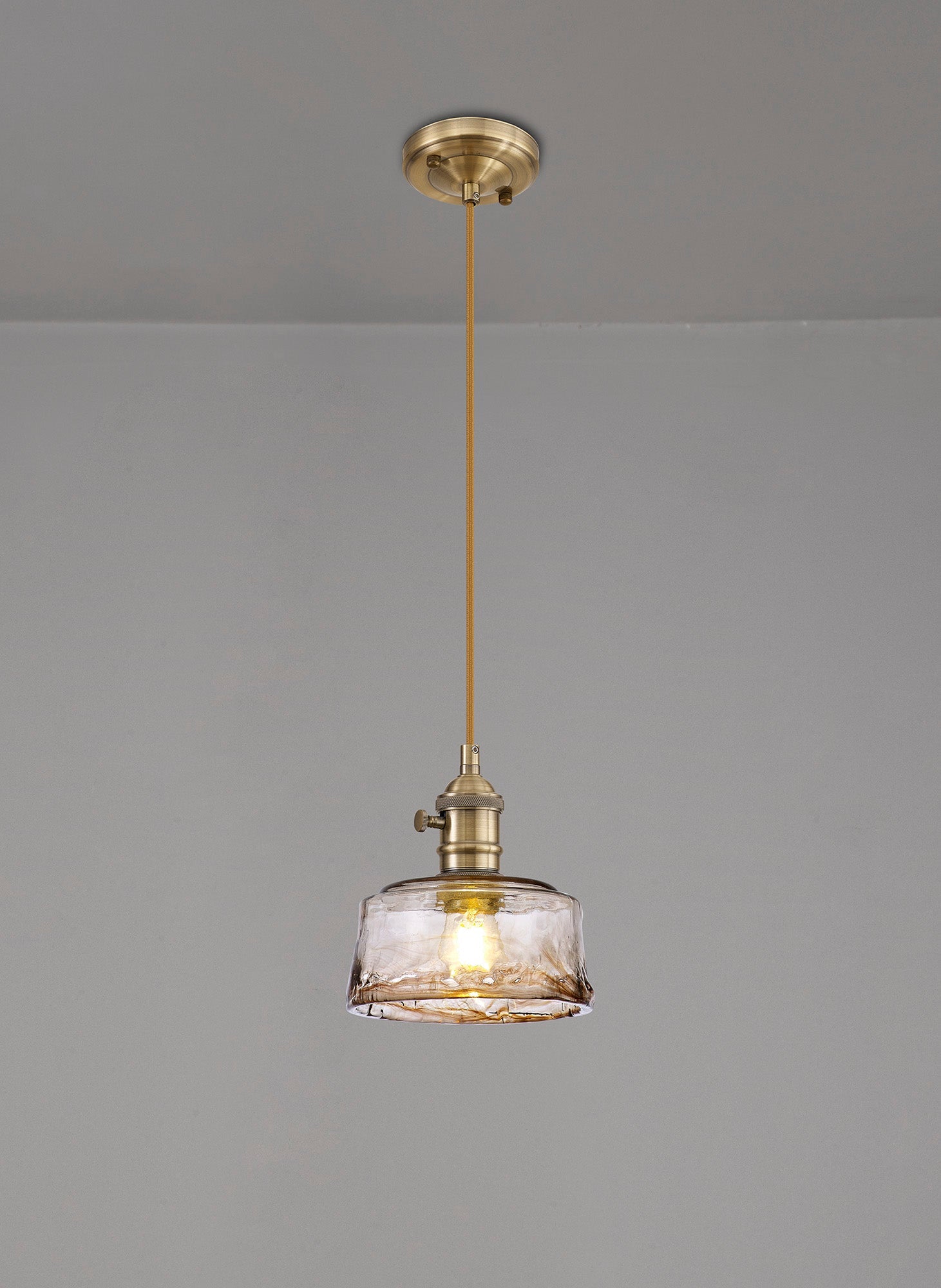 Luminosity Designs Ltd - Amber 17cm Switched Pendant 1.5m, 1 x E27, Antique Brass With Straight Braided Cable / Brown Bowl Glass - Luminosity Designs Ltd