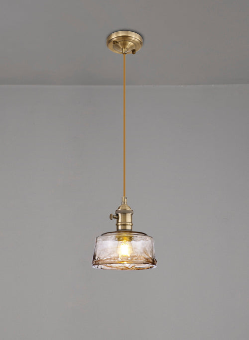Luminosity Designs Ltd - Amber 17cm Switched Pendant 1.5m, 1 x E27, Antique Brass With Straight Braided Cable / Brown Bowl Glass - Luminosity Designs Ltd
