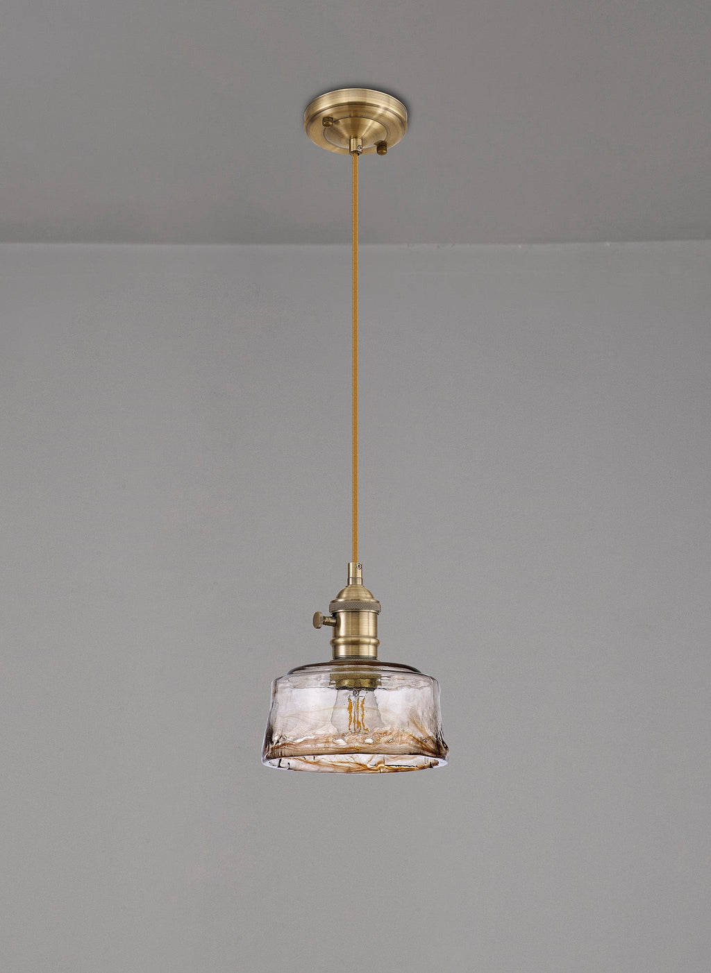 Luminosity Designs Ltd - Amber 17cm Switched Pendant 1.5m, 1 x E27, Antique Brass With Straight Braided Cable / Brown Bowl Glass - Luminosity Designs Ltd