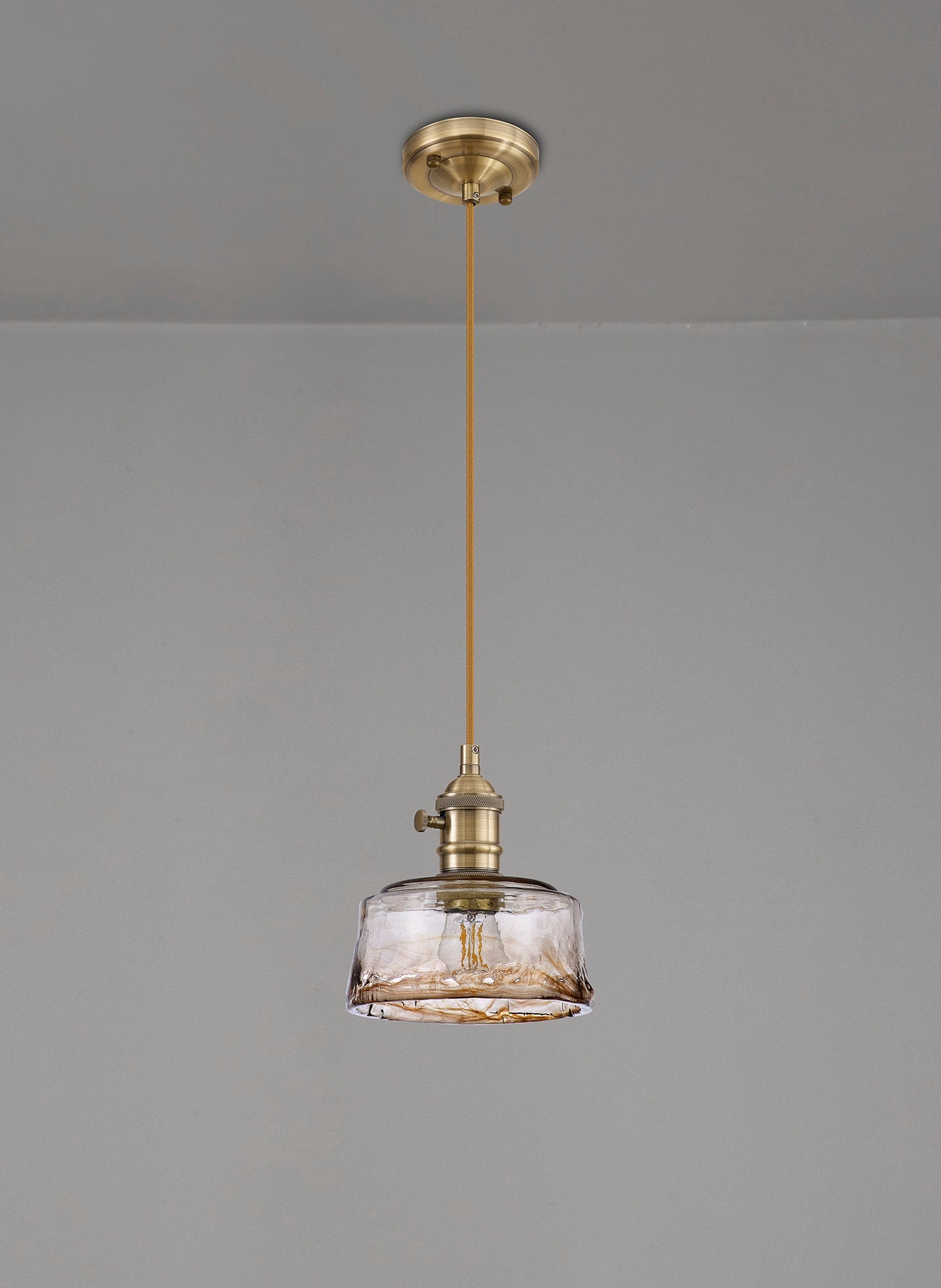 Luminosity Designs Ltd - Amber 17cm Switched Pendant 1.5m, 1 x E27, Antique Brass With Straight Braided Cable / Brown Bowl Glass - Luminosity Designs Ltd