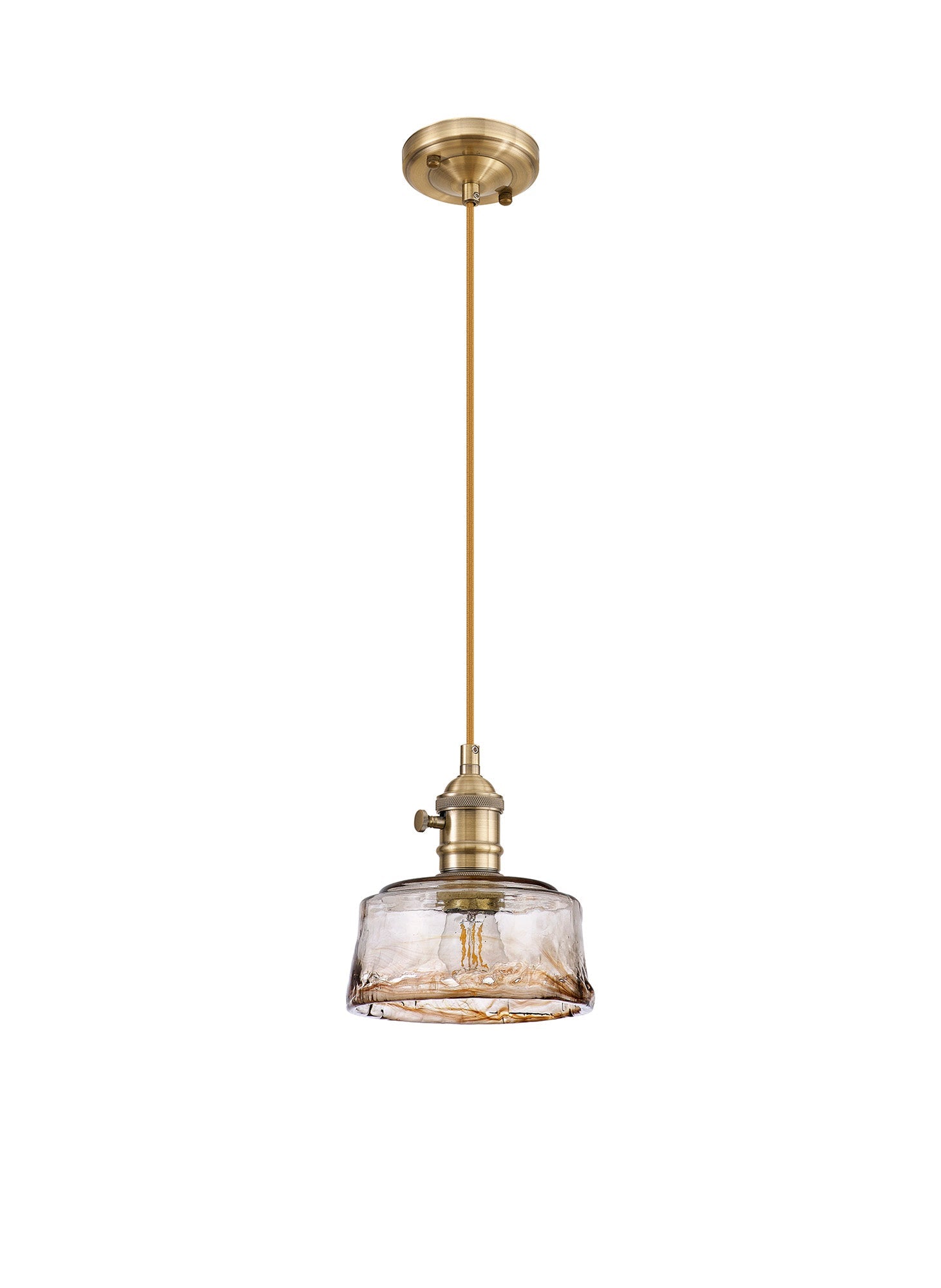 Luminosity Designs Ltd - Amber 17cm Switched Pendant 1.5m, 1 x E27, Antique Brass With Straight Braided Cable / Brown Bowl Glass - Luminosity Designs Ltd