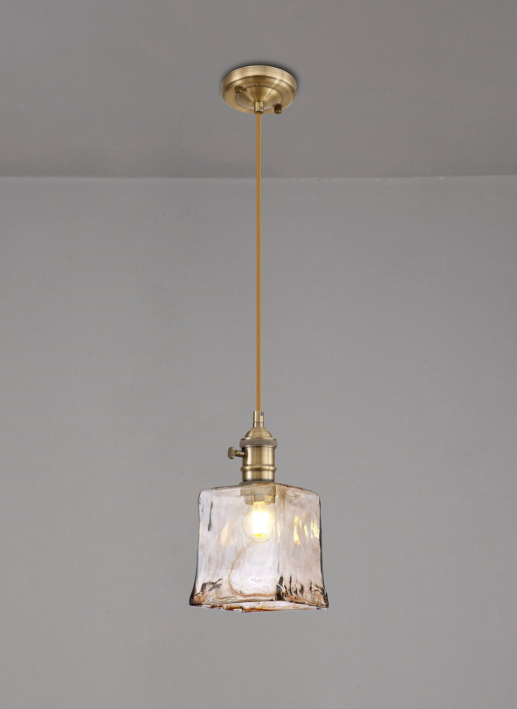 Luminosity Designs Ltd - Amber Switched Pendant 1.5m, 1 x E27, Antique Brass / Golden Brown Braided Cable / Brown Square Glass - Luminosity Designs Ltd